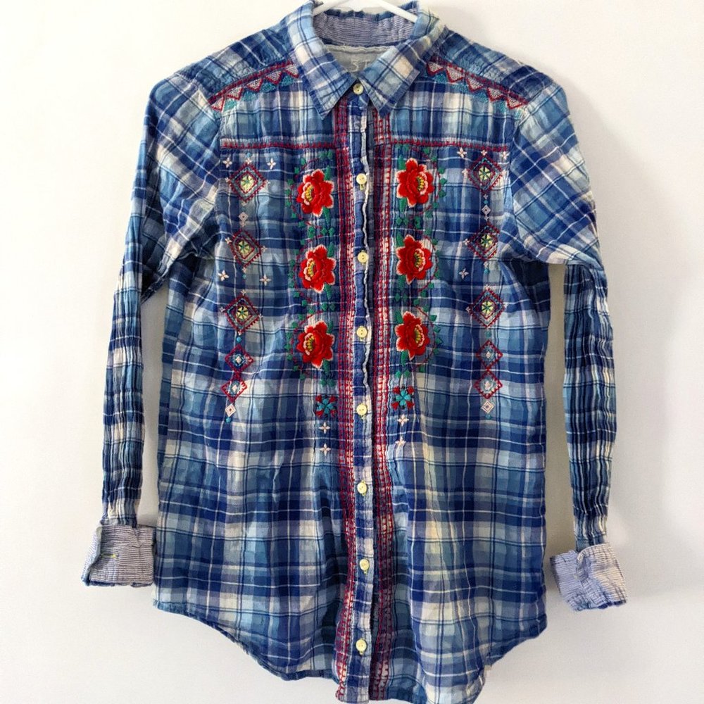 Johnny Was 3J Workshop Long Sleeve Embroidered Plaid Button Down XS